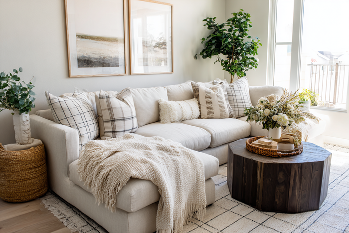 Modern living room with a neutral custom sofa styled with pillows and throw blanket for sofa makeover ideas