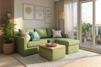 Small living room with compact green sectional sofa, storage ottoman coffee table, and natural light showing space-saving layout ideas