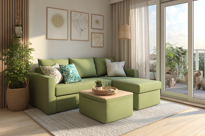 Small living room with compact green sectional sofa, storage ottoman coffee table, and natural light showing space-saving layout ideas