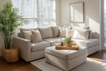 Small living room with compact neutral sectional sofa, storage ottoman coffee table, and natural light showing space-saving design ideas