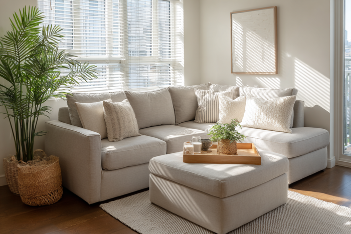 Small living room with compact neutral sectional sofa, storage ottoman coffee table, and natural light showing space-saving design ideas