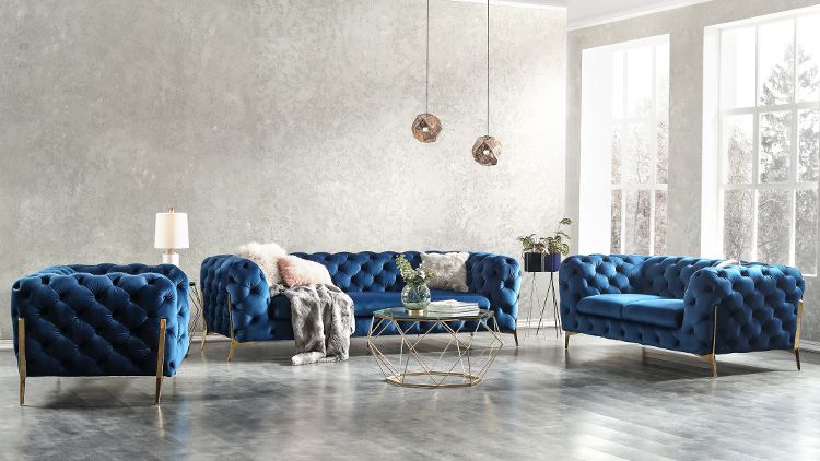Divani Casa Sheila Modern Dark Blue Fabric Sofa Set - What A Room