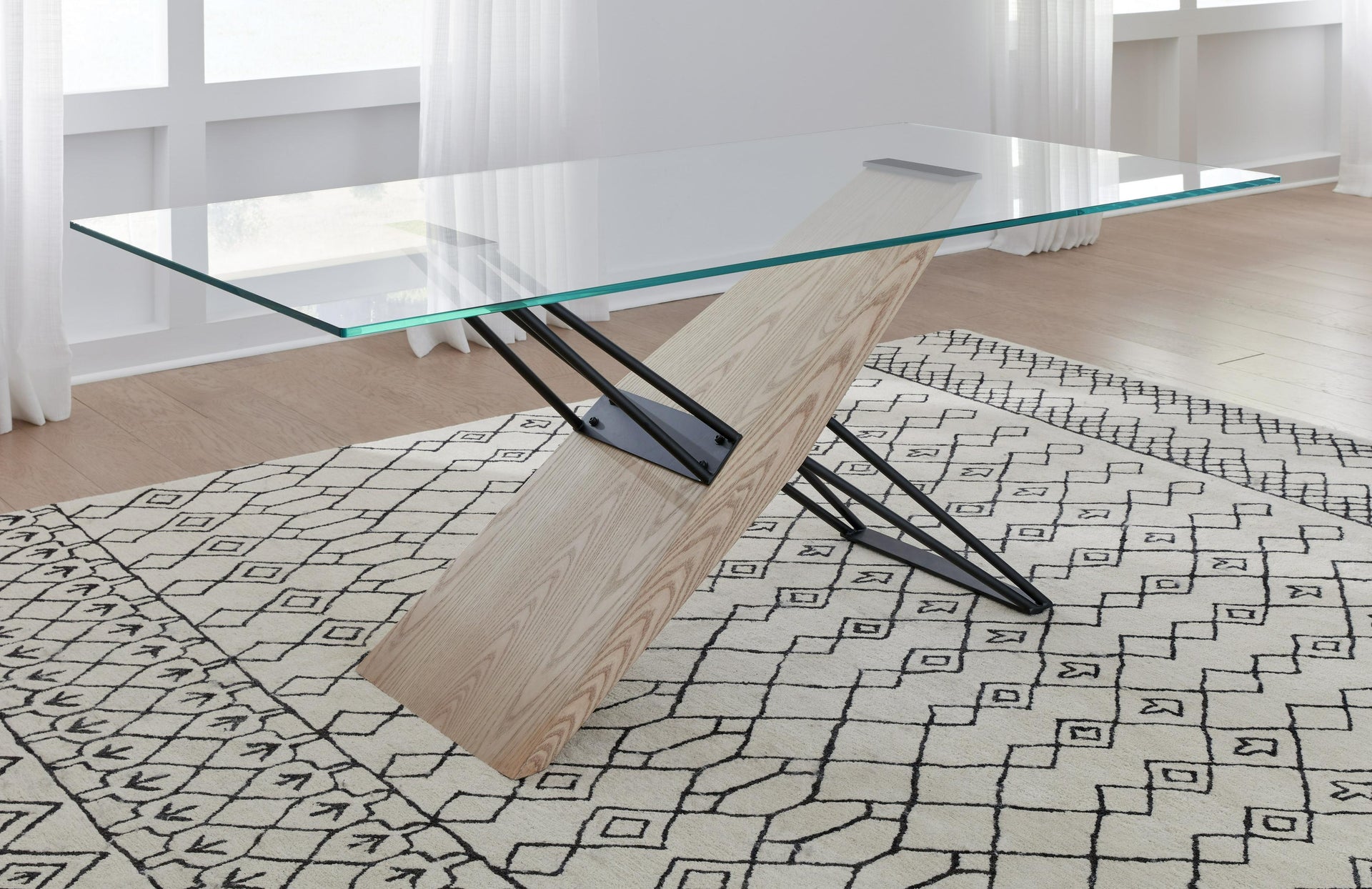 Aere Glass, Wood and Metal Rectangular Dining Table in Natural Ash and Black - What A Room