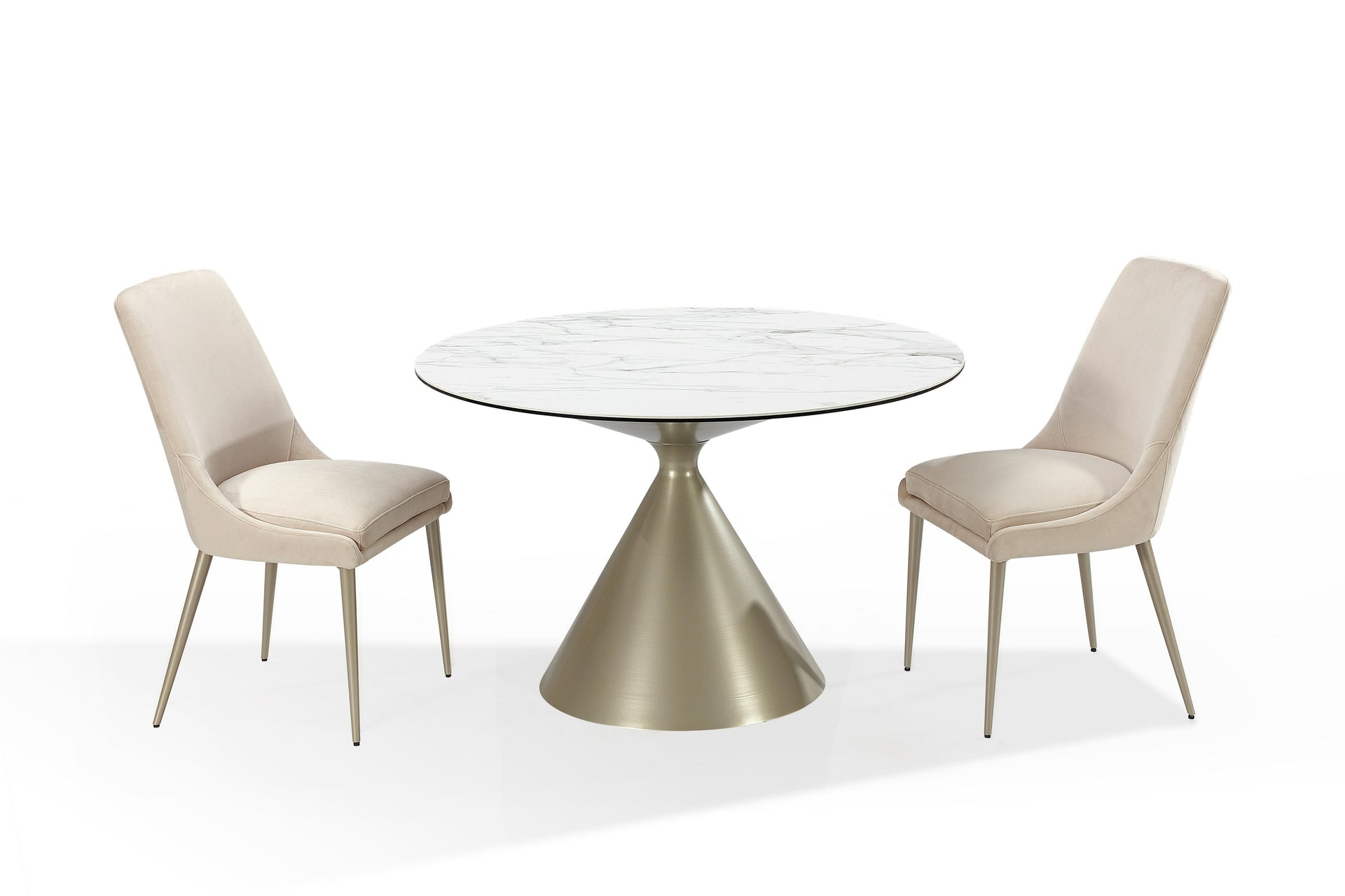 Winston Stone Top Metal Base Round Dining Table in Oat Milk and Champagne - What A Room