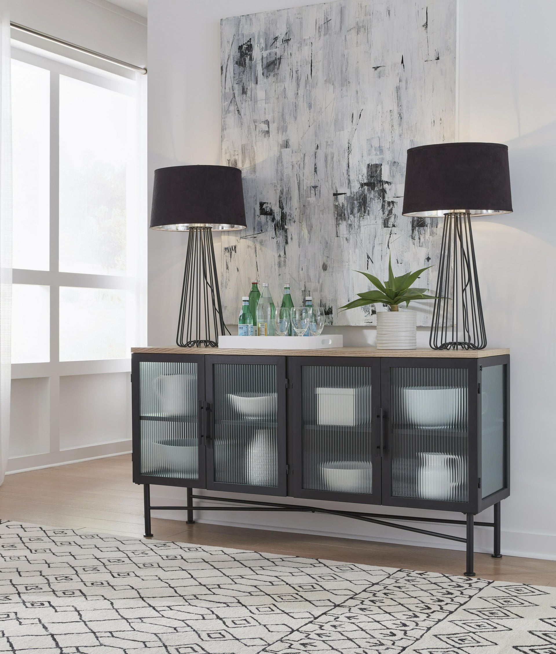 Aere Four Door Ribbed Glass, Metal and Wood Sideboard in Natural Ash and Black - What A Room
