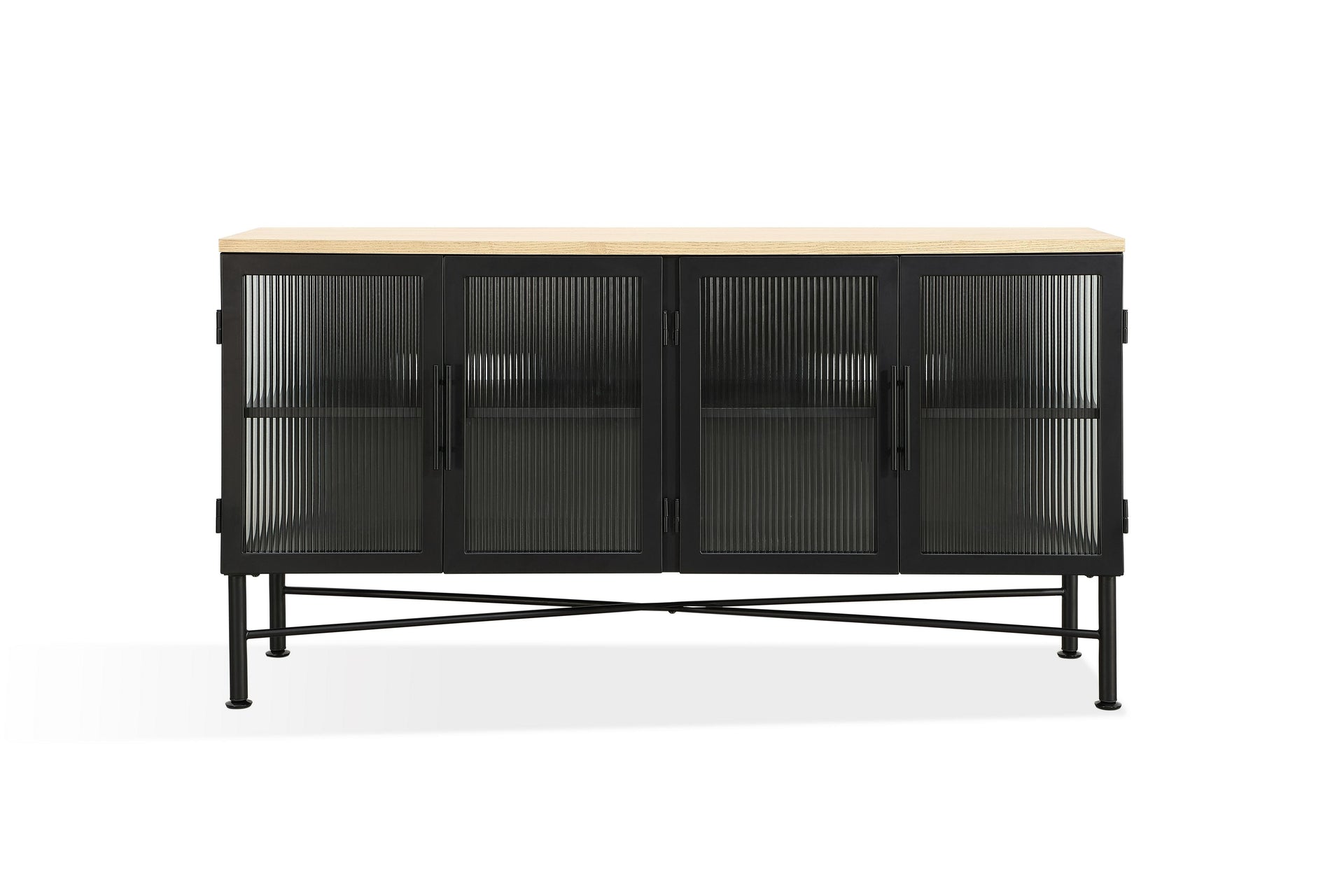 Aere Four Door Ribbed Glass, Metal and Wood Sideboard in Natural Ash and Black - What A Room