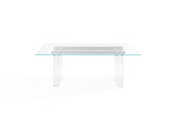 Moorea Double Pedestal Rectangular Dining Table in Clear Acrylic, Glass and Bronze Metal - What A Room