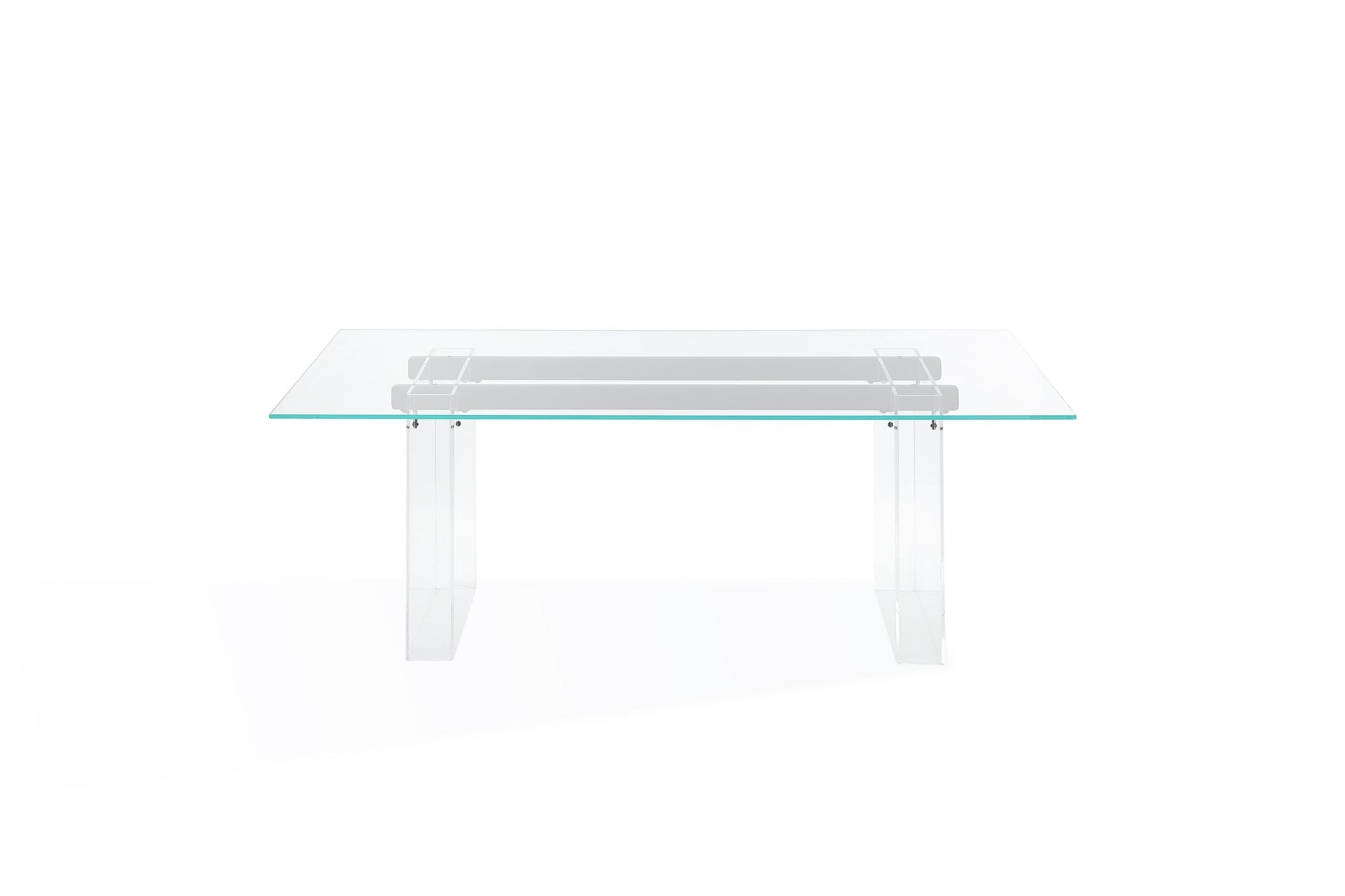 Moorea Double Pedestal Rectangular Dining Table in Clear Acrylic, Glass and Bronze Metal - What A Room