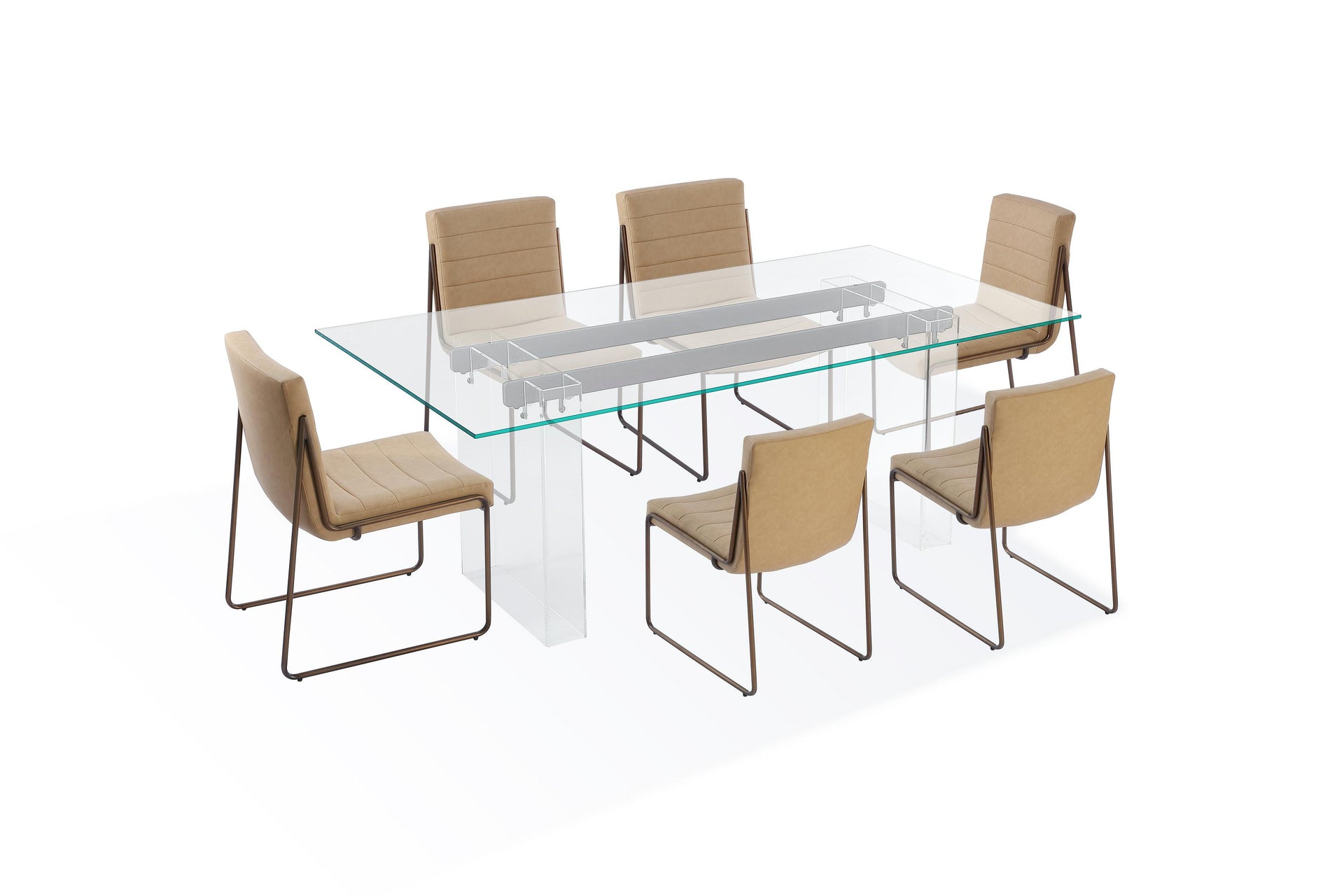 Moorea Double Pedestal Rectangular Dining Table in Clear Acrylic, Glass and Bronze Metal - What A Room