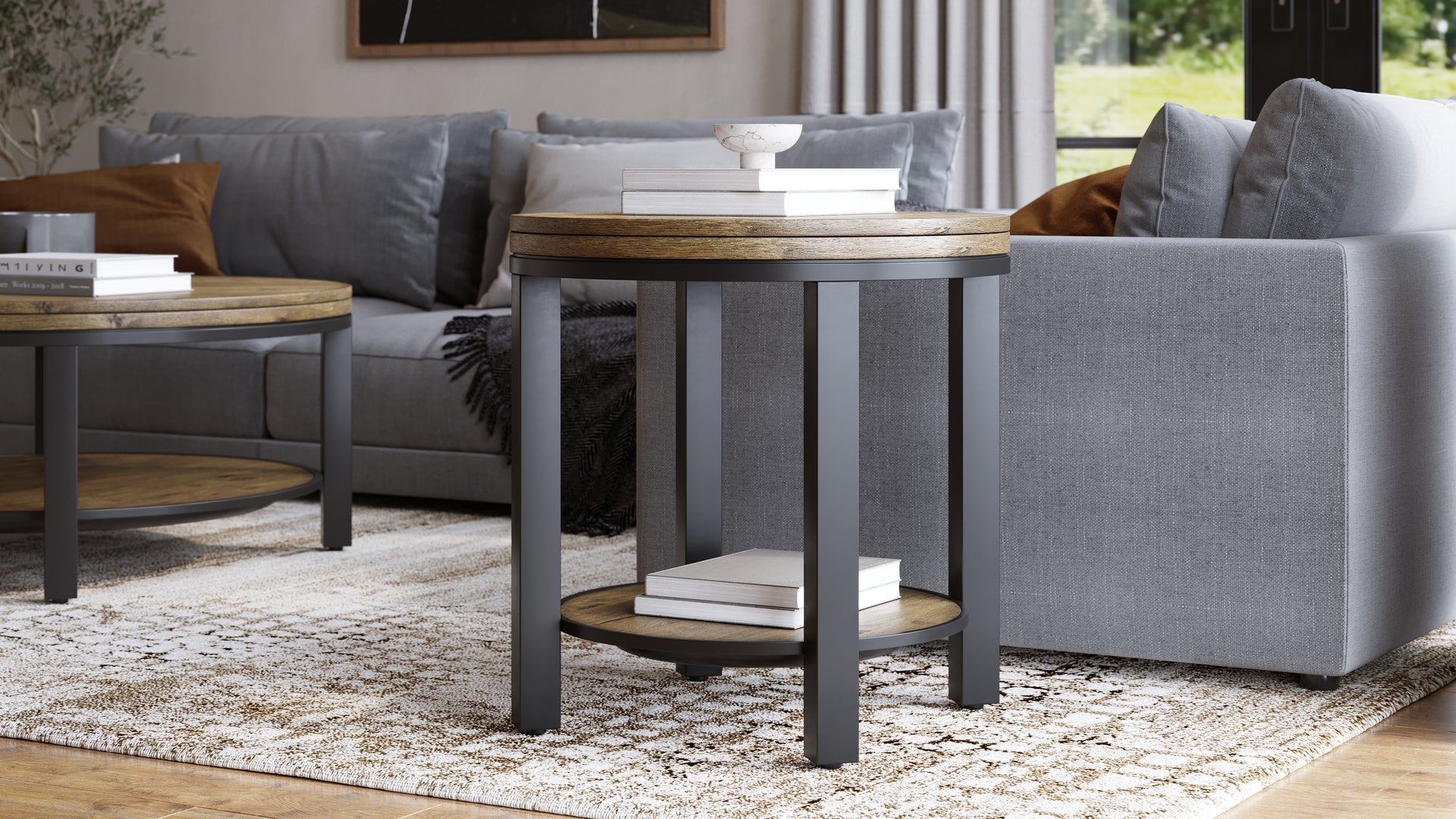 Canyon Solid Wood and Metal Round End Table in Washed Grey - What A Room