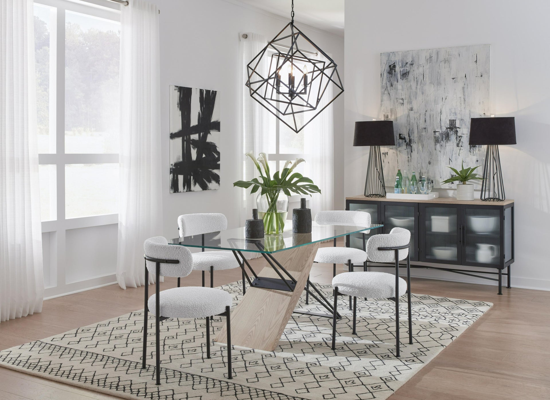 Aere Four Door Ribbed Glass, Metal and Wood Sideboard in Natural Ash and Black - What A Room