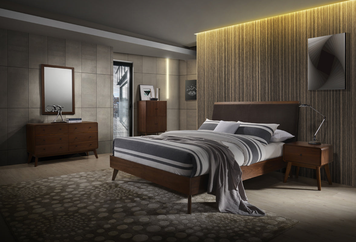 Modrest Marshall Mid-Century Modern Brown Fabric & Walnut Bed - What A Room