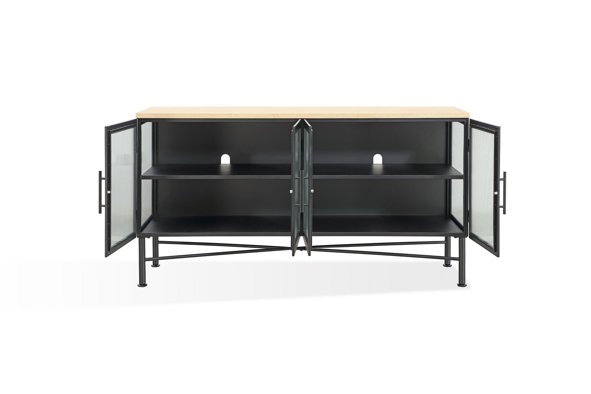 Aere Four Door Ribbed Glass, Metal and Wood Sideboard in Natural Ash and Black - What A Room