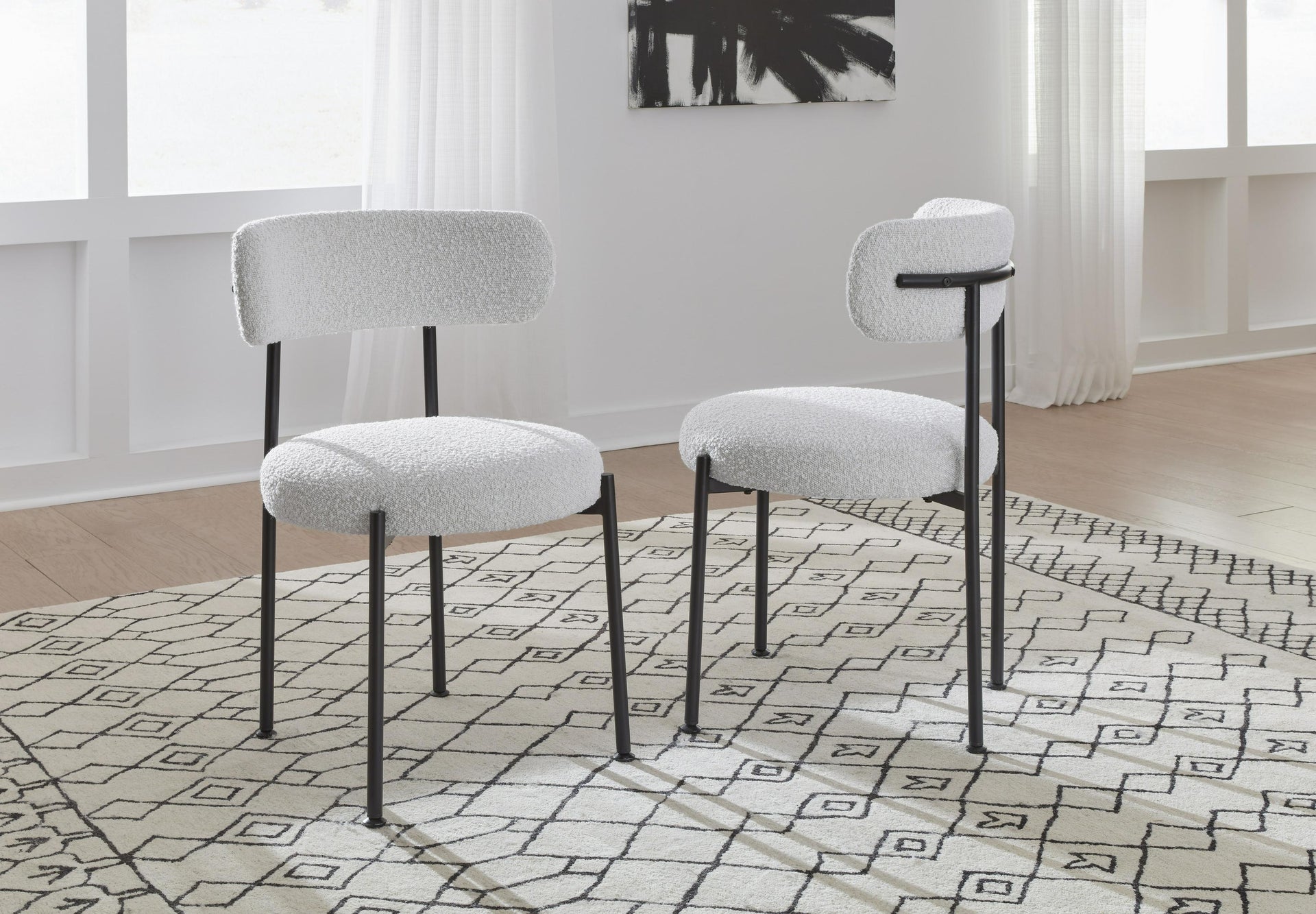 Aere Boucle Upholstered Metal Leg Dining Chair in Ivory and Black (Set of 2) - What A Room