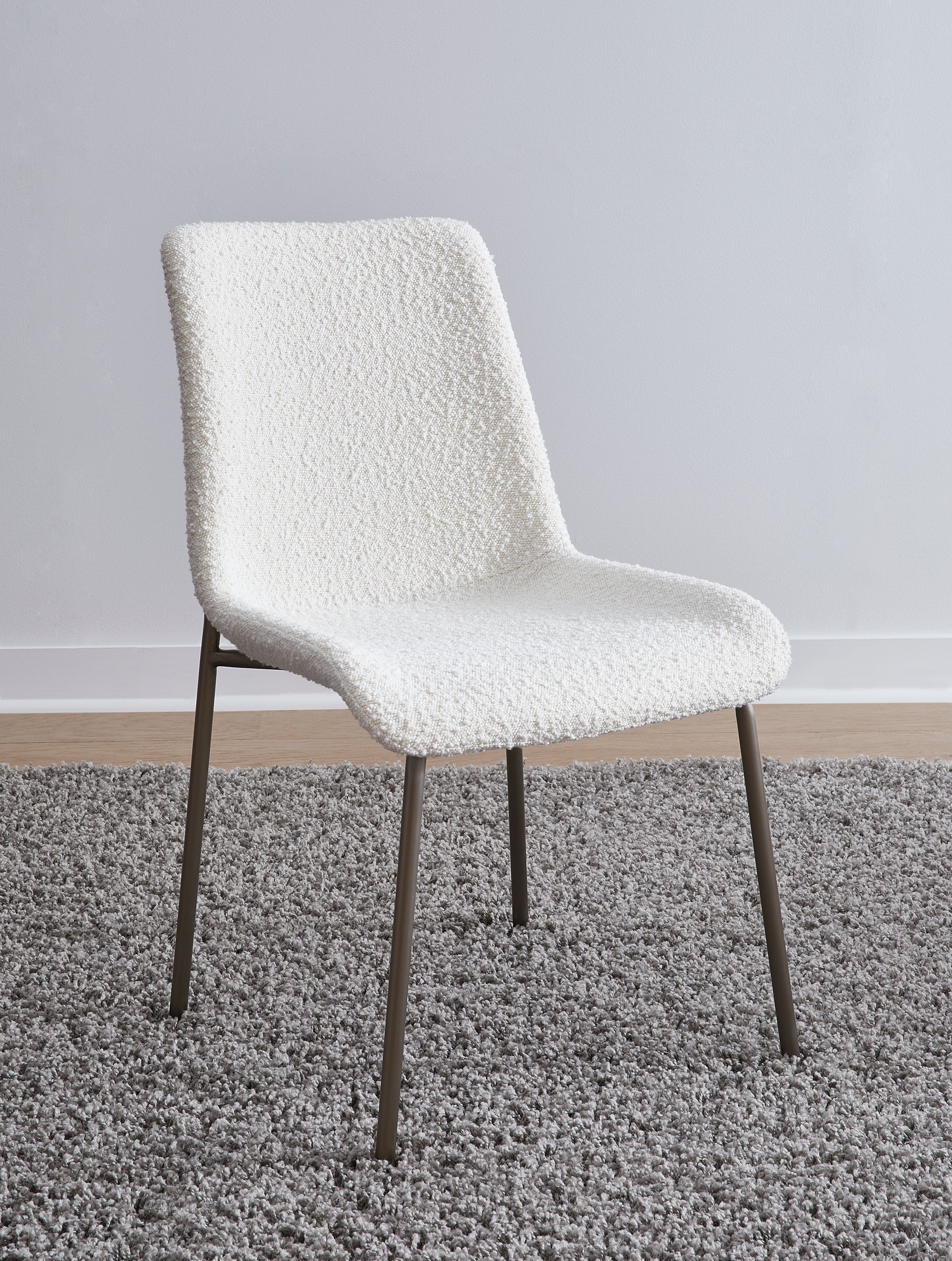 Jade Upholstered Dining Chair in Cottage Cheese Boucle and Brushed Nickel Metal (Set of 2) - What A Room