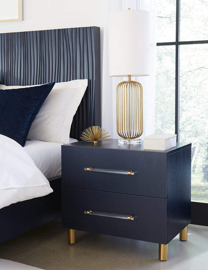 Argento Two Drawer USB Charging Nightstand in Navy Blue and Burnished Brass - What A Room
