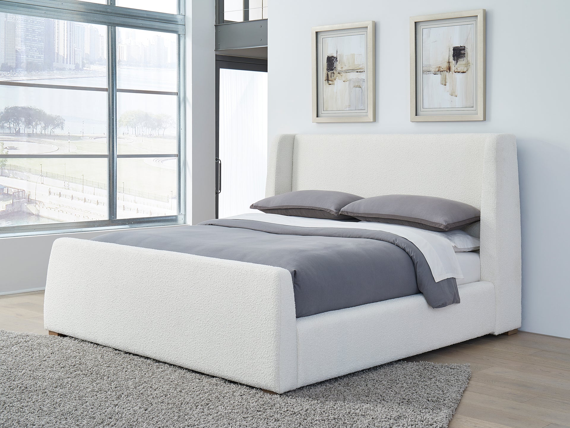 Presley Upholstered Wingback Platform Bed in Cottage Cheese Boucle - What A Room