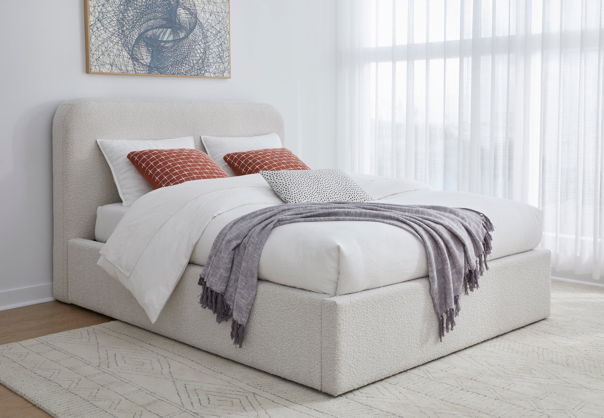 Off-White Upholstered Platform Bed in Ricotta Boucle - What A Room