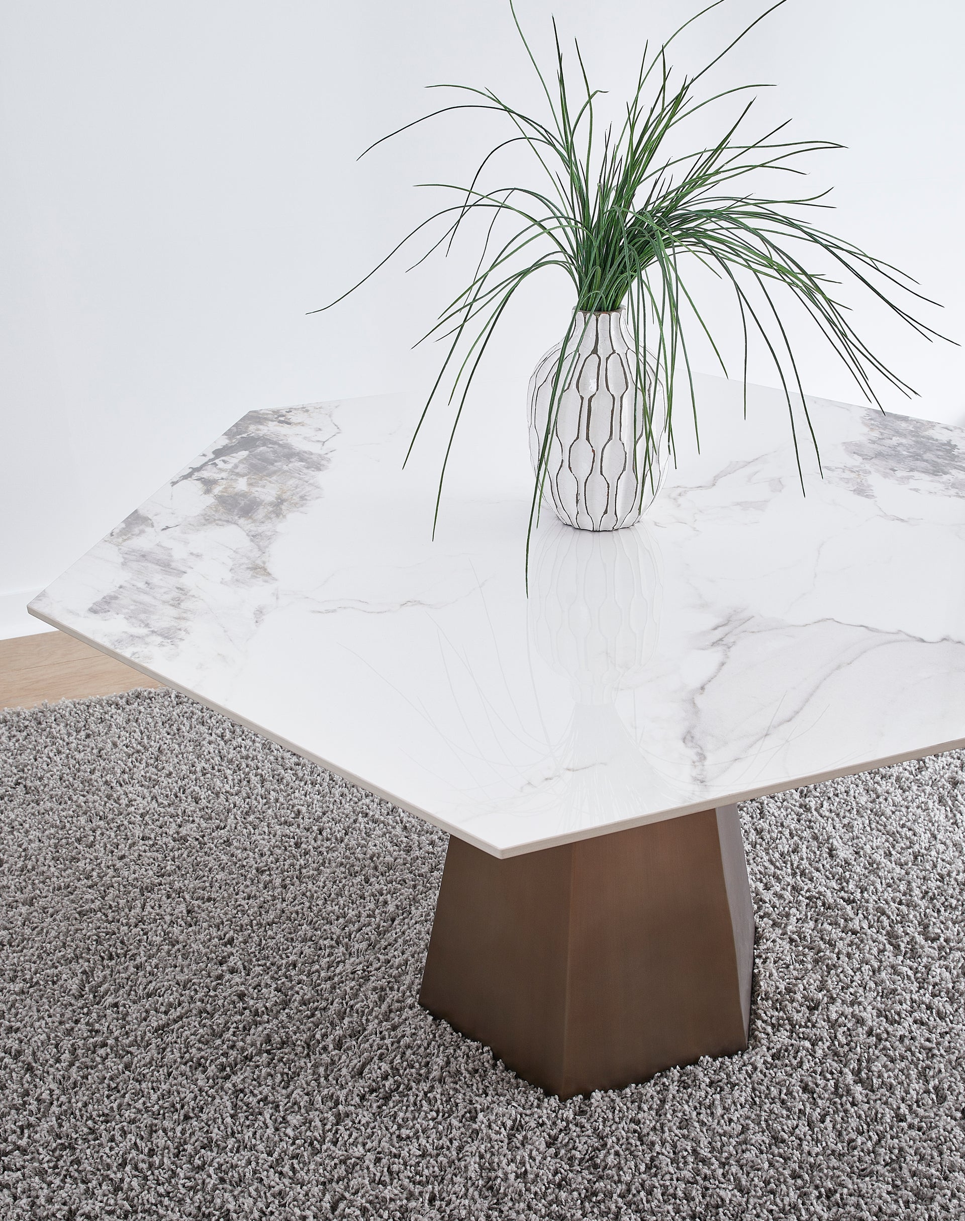 Balos Stone Top Hexagonal Dining Table in Chanelle and Bronze - What A Room