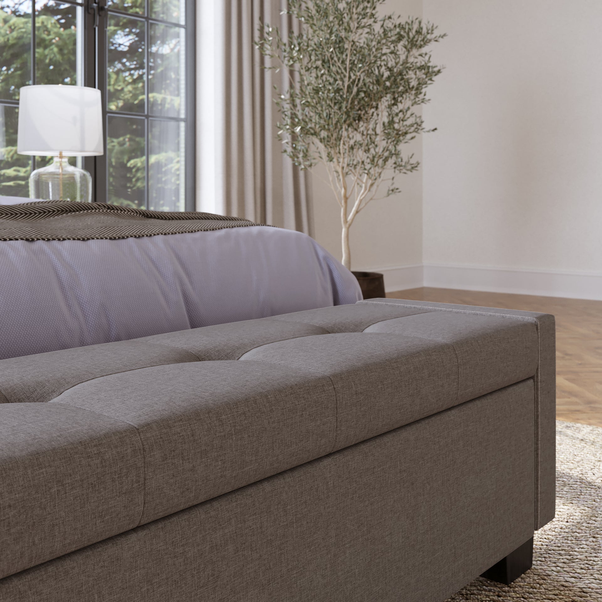 Madeleine Tufted Storage Bench in Dolphin Linen - What A Room