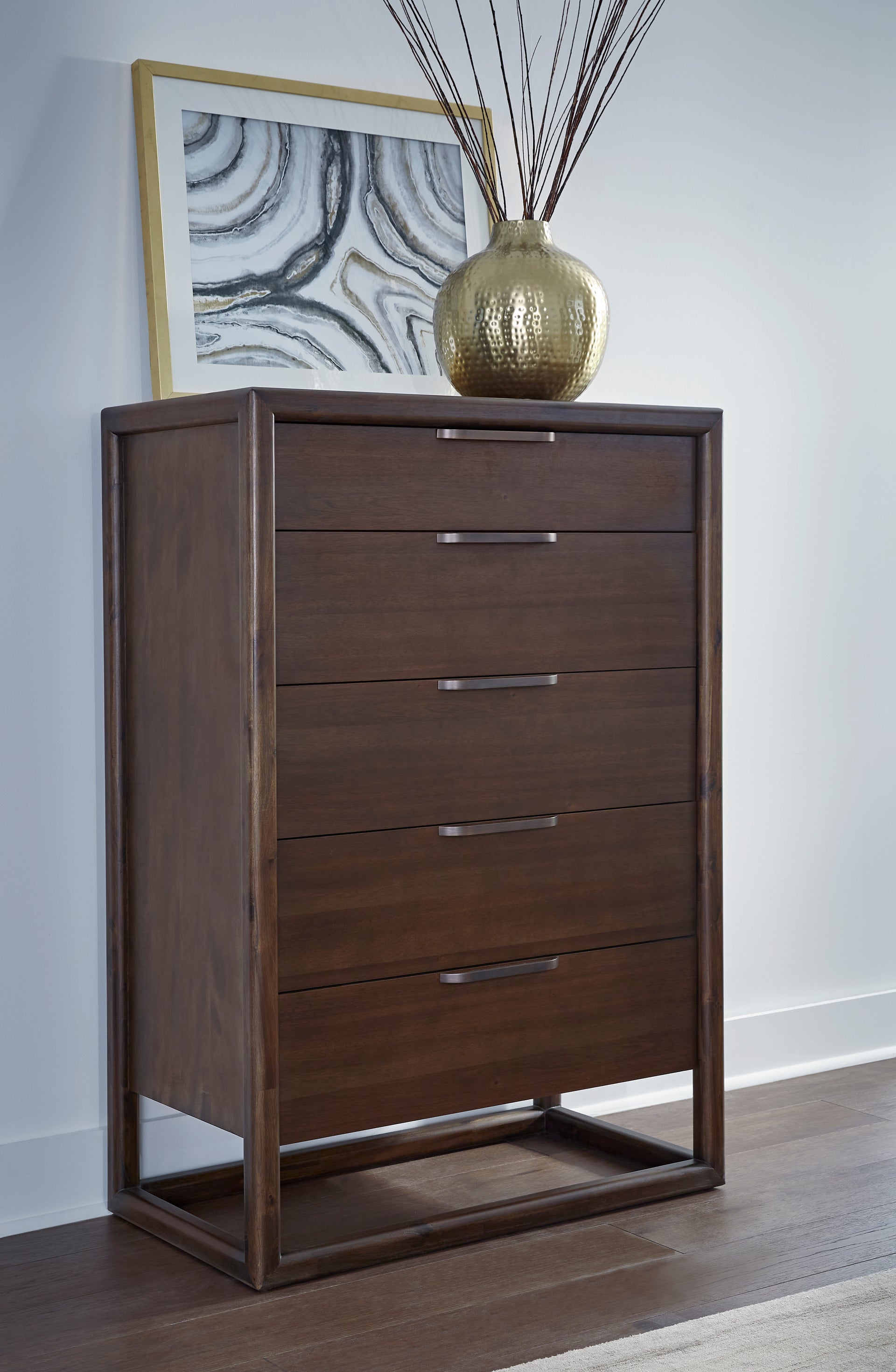 Sol Five Drawer Acacia Wood Chest in Brown Spice - What A Room