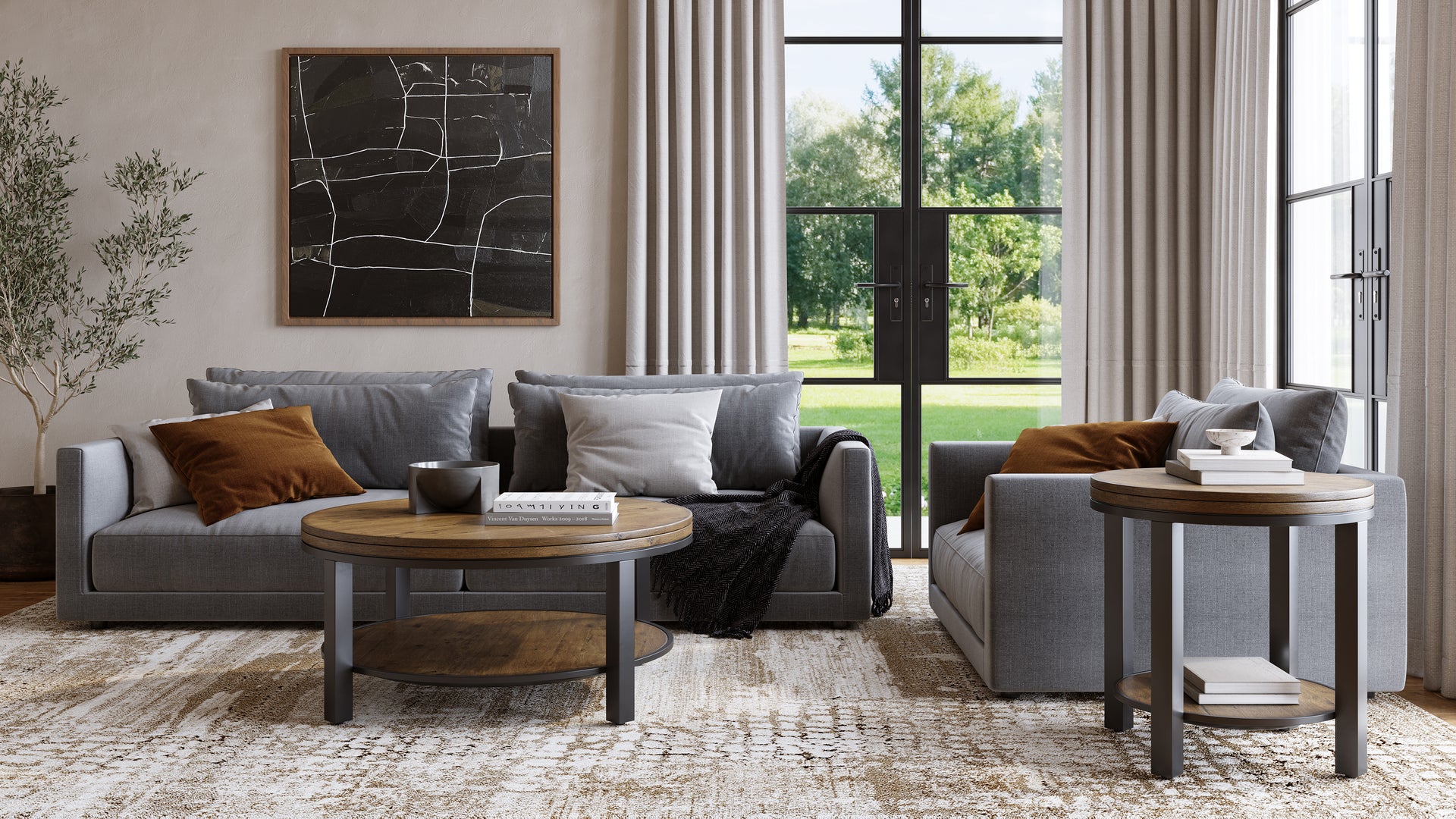 Canyon Solid Wood and Metal Round Coffee Table in Washed Grey - What A Room