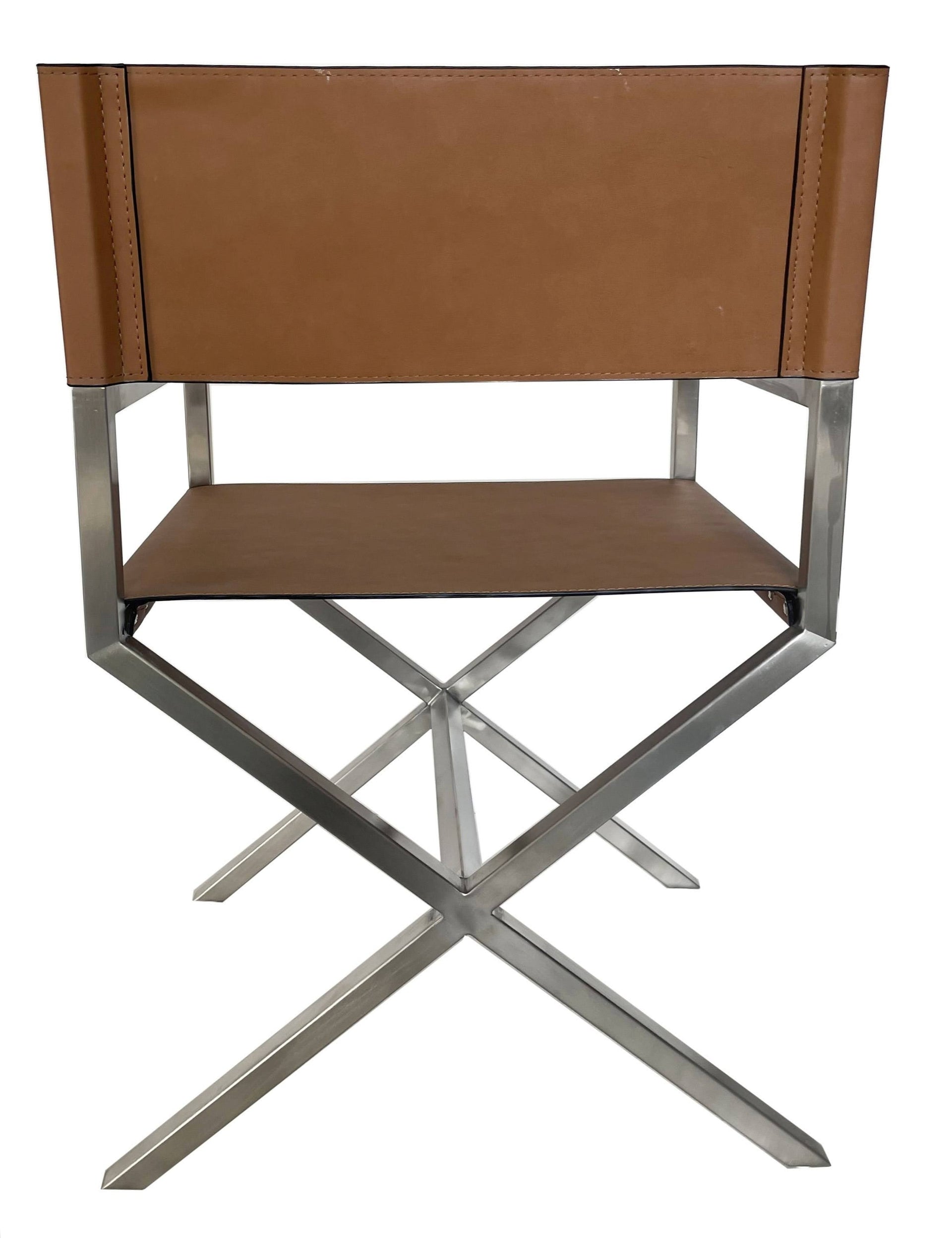 One Modern Coastal Director's Dining Arm Chair in Cognac and Brushed Stainless Steel (Set of 2) - What A Room