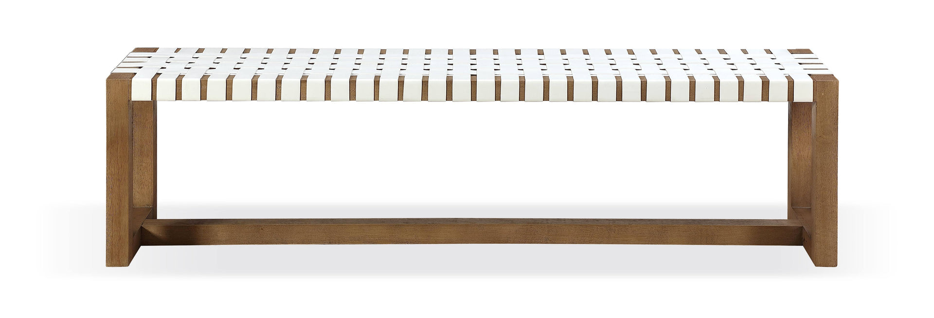One Woven Leather and Solid Wood Dining Bench in White and Bisque - What A Room