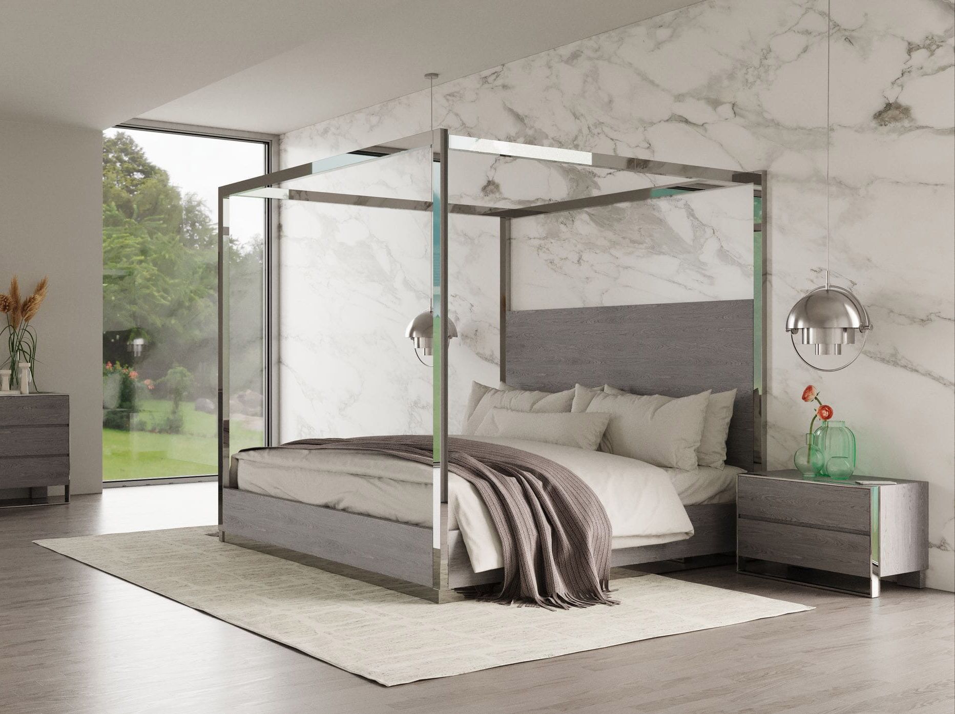 Modrest Arlene Modern Grey Elm & Stainless Steel Canopy Bed - What A Room