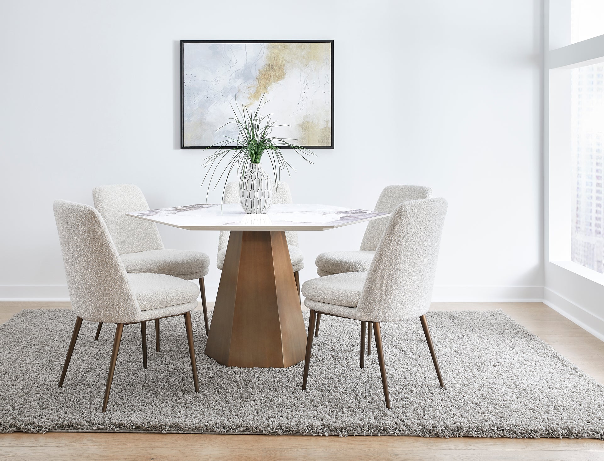 Balos Stone Top Hexagonal Dining Table in Chanelle and Bronze - What A Room