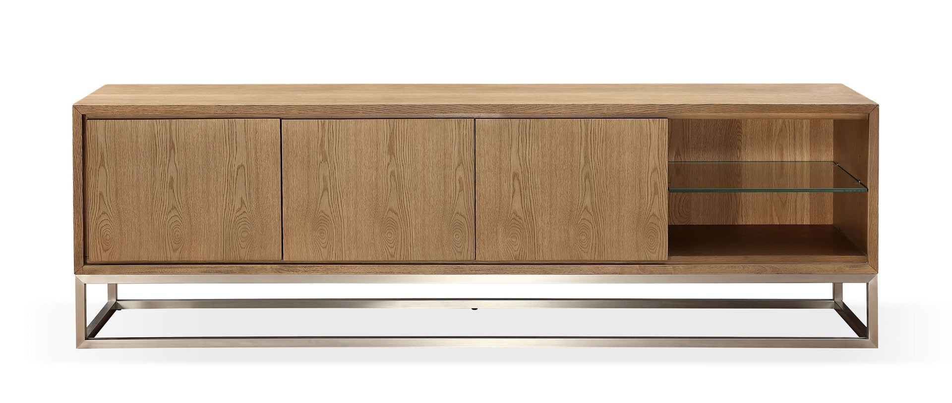 One Coastal Modern 84 inch TV Console in Brushed Stainless Steel and Bisque - What A Room