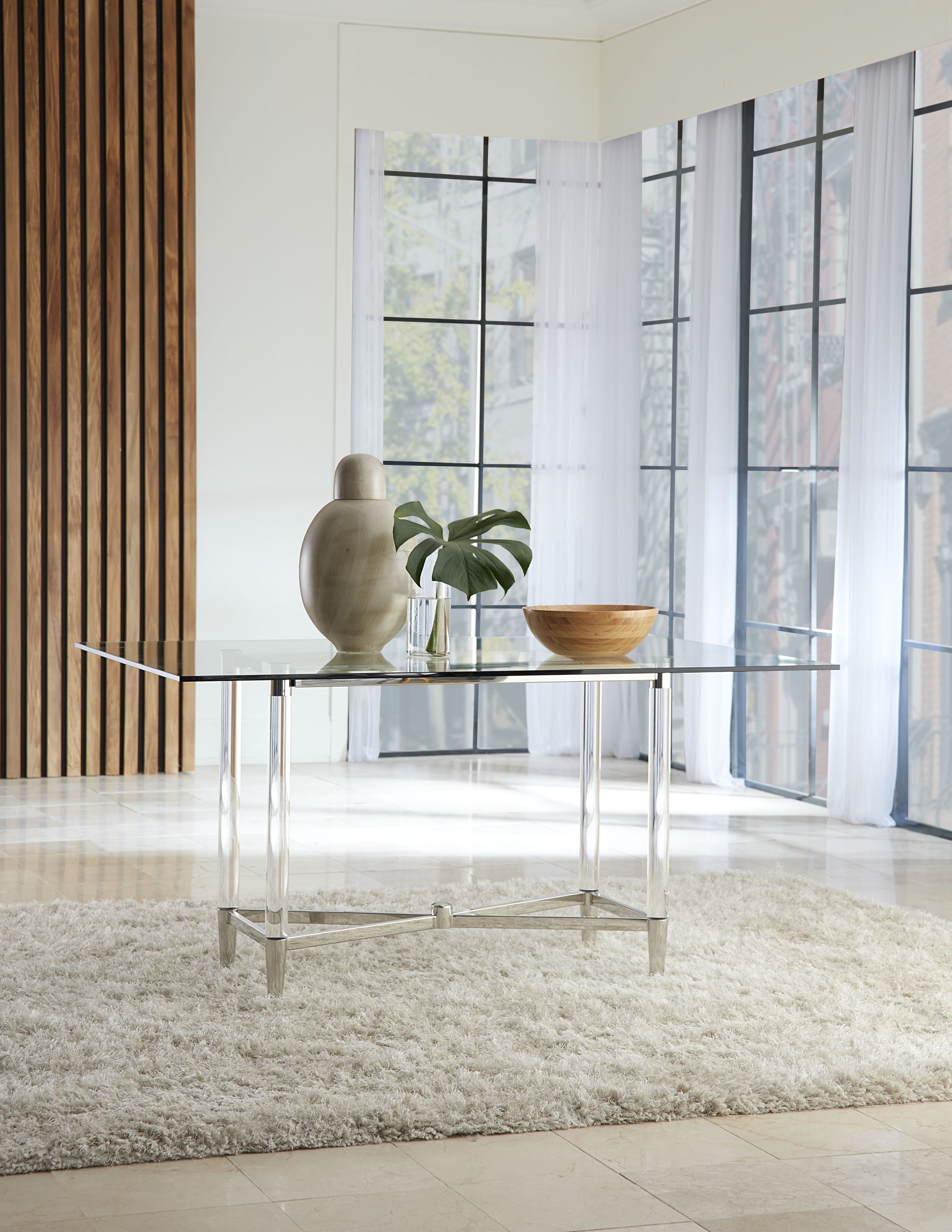 Marilyn Glass Top Dining Table in Polished Stainless Steel and Clear Acrylic - What A Room