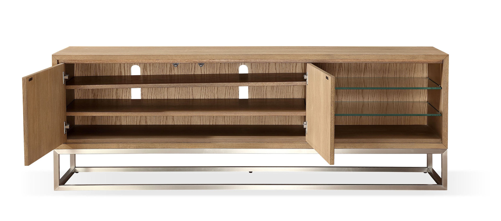 One Coastal Modern 74 inch TV Console in Brushed Stainless Steel and Bisque - What A Room