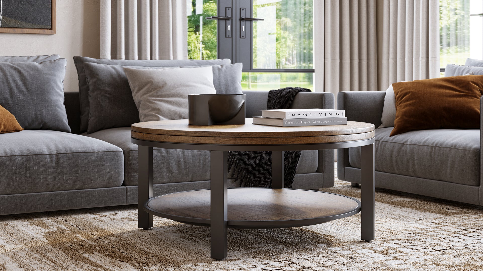 Canyon Solid Wood and Metal Round Coffee Table in Washed Grey - What A Room