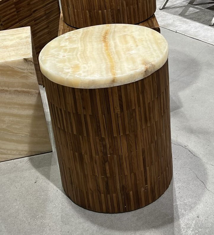 One Stone Wood Tile Round End Table in Onyx and Solid Teak - What A Room