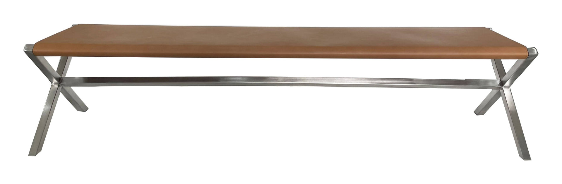 One Modern Coastal Director's Style Leather Dining Bench in Cognac and Brushed Stainless Steel - What A Room