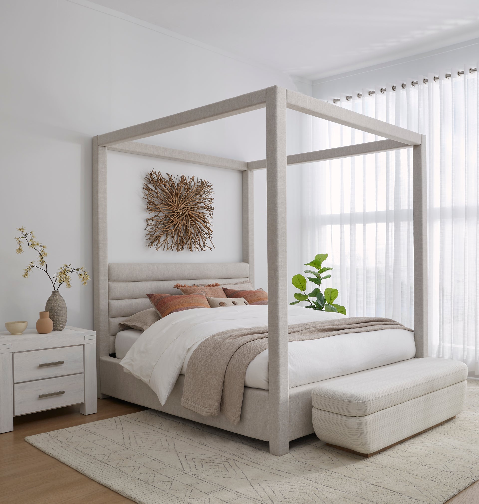 Rockford Upholstered Canopy Bed in Turtle Dove Linen - What A Room