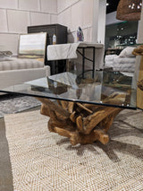 One Solid Teak Root Glass Top Coffee Table - What A Room