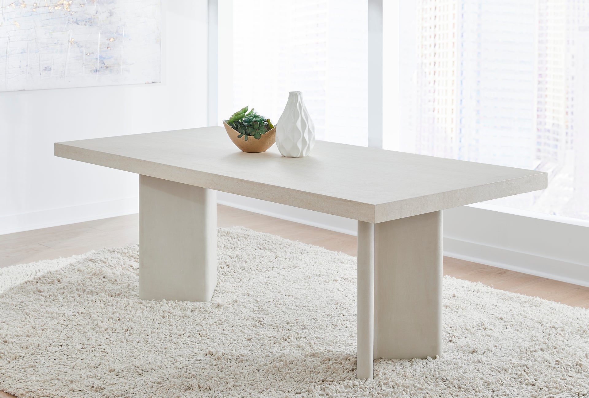 Caye Stone Top Double Pedestal Dining Table with Ivory Cement Base - What A Room