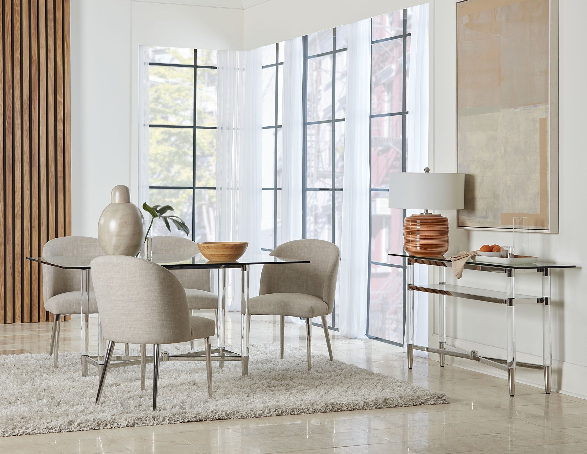 Marilyn Glass Top Dining Table in Polished Stainless Steel and Clear Acrylic - What A Room