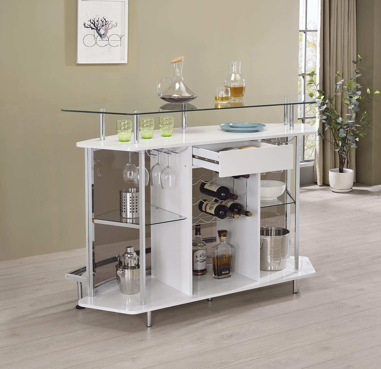 Crescent Shaped Glass Top Bar Unit with Drawer - What A Room