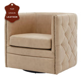 Leslie Top Grain Leather Swivel Tufted Accent Arm Chair - What A Room