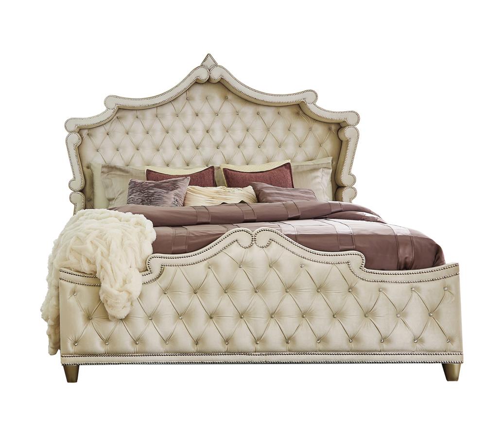 Antonella Upholstered Tufted Bedroom Set Ivory and Camel - What A Room