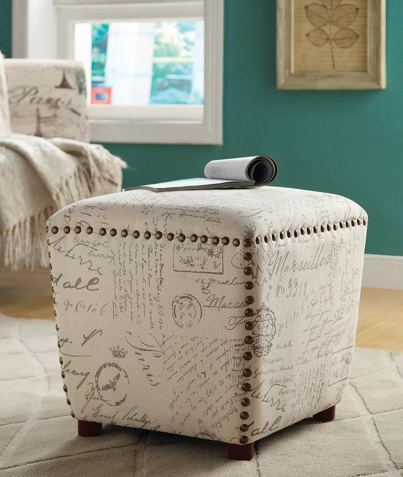Upholstered Ottoman with Nailhead Trim Off White and Grey - What A Room