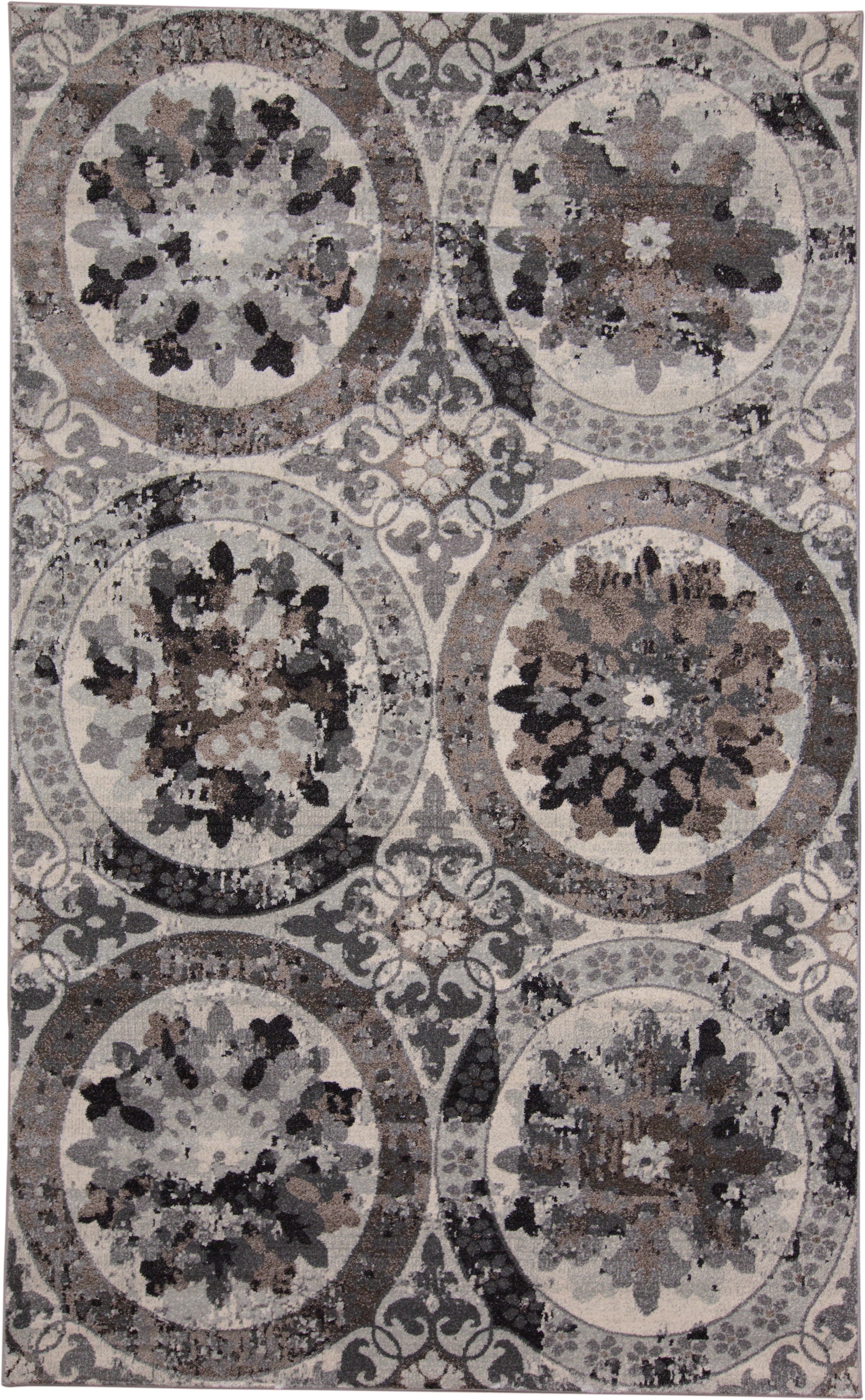 Interesting mix of round and ornate designs on this transitional rectangular rug - Get traditional and transitional home furnishings in Santa Clara 