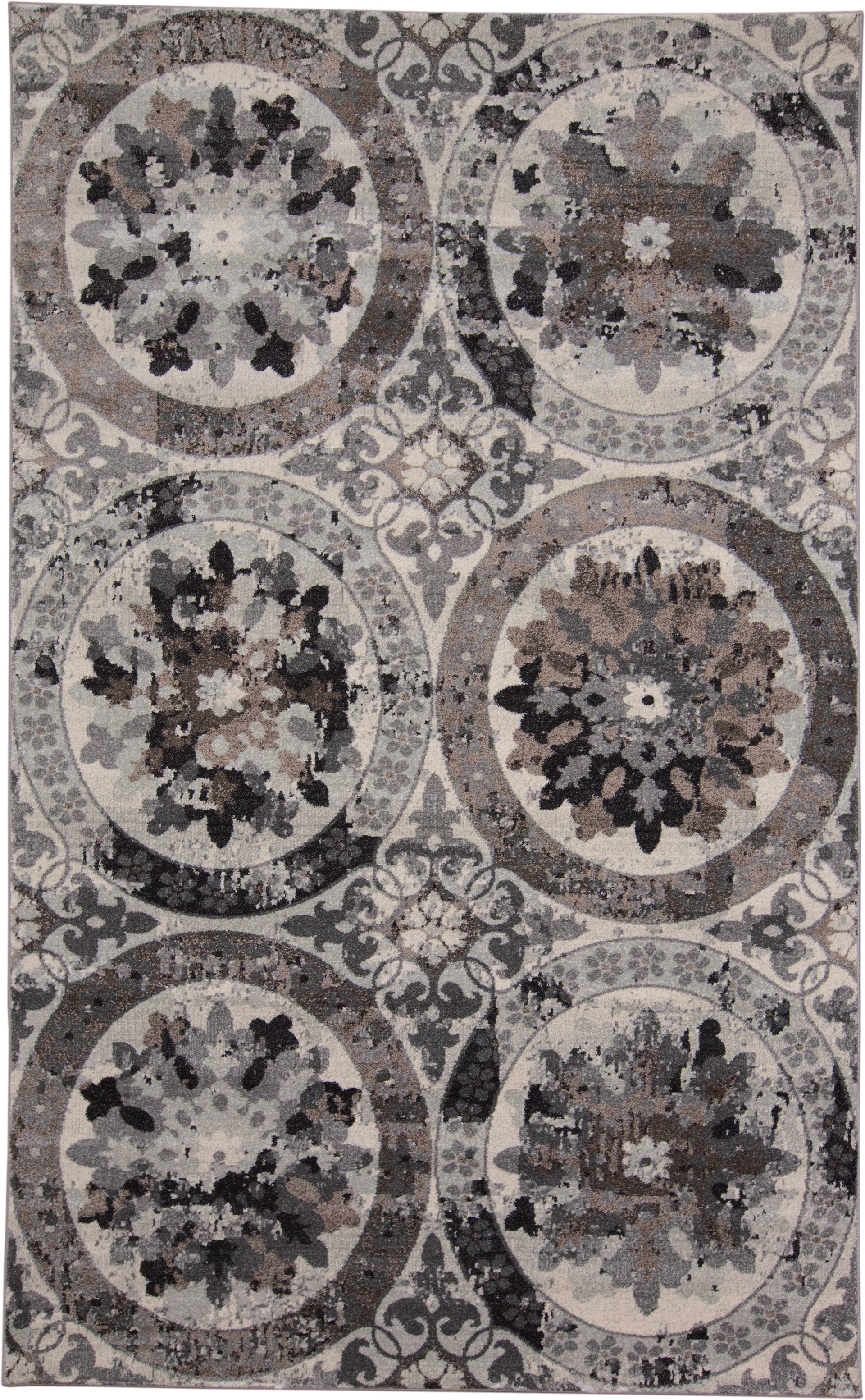 Interesting mix of round and ornate designs on this transitional rectangular rug - Get traditional and transitional home furnishings in Santa Clara 