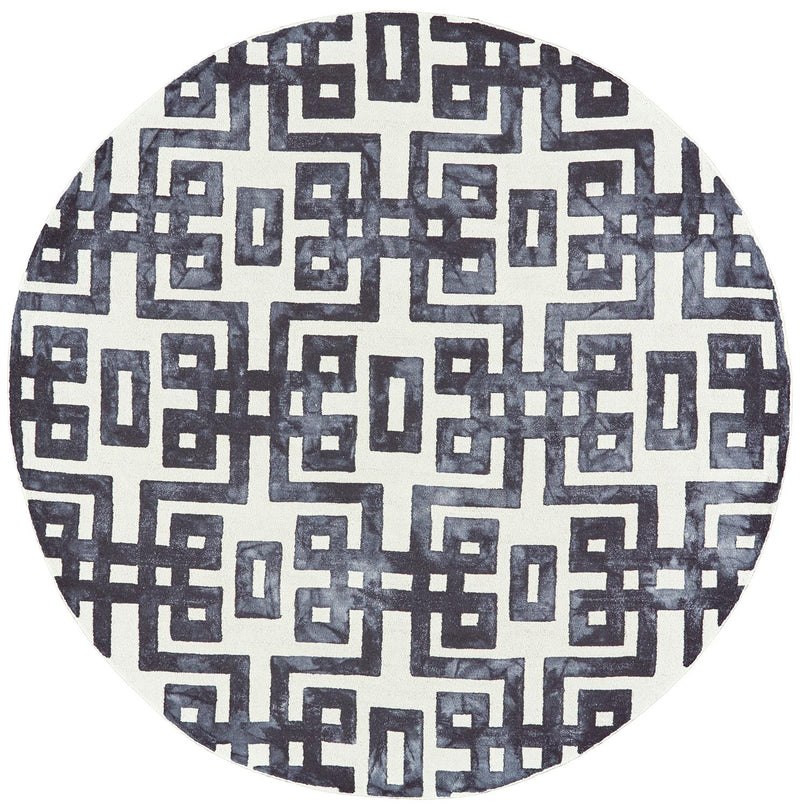 Contemporary, but super approachable circular rug with watercolor blue effect on white background - Santa Clara Furniture Store