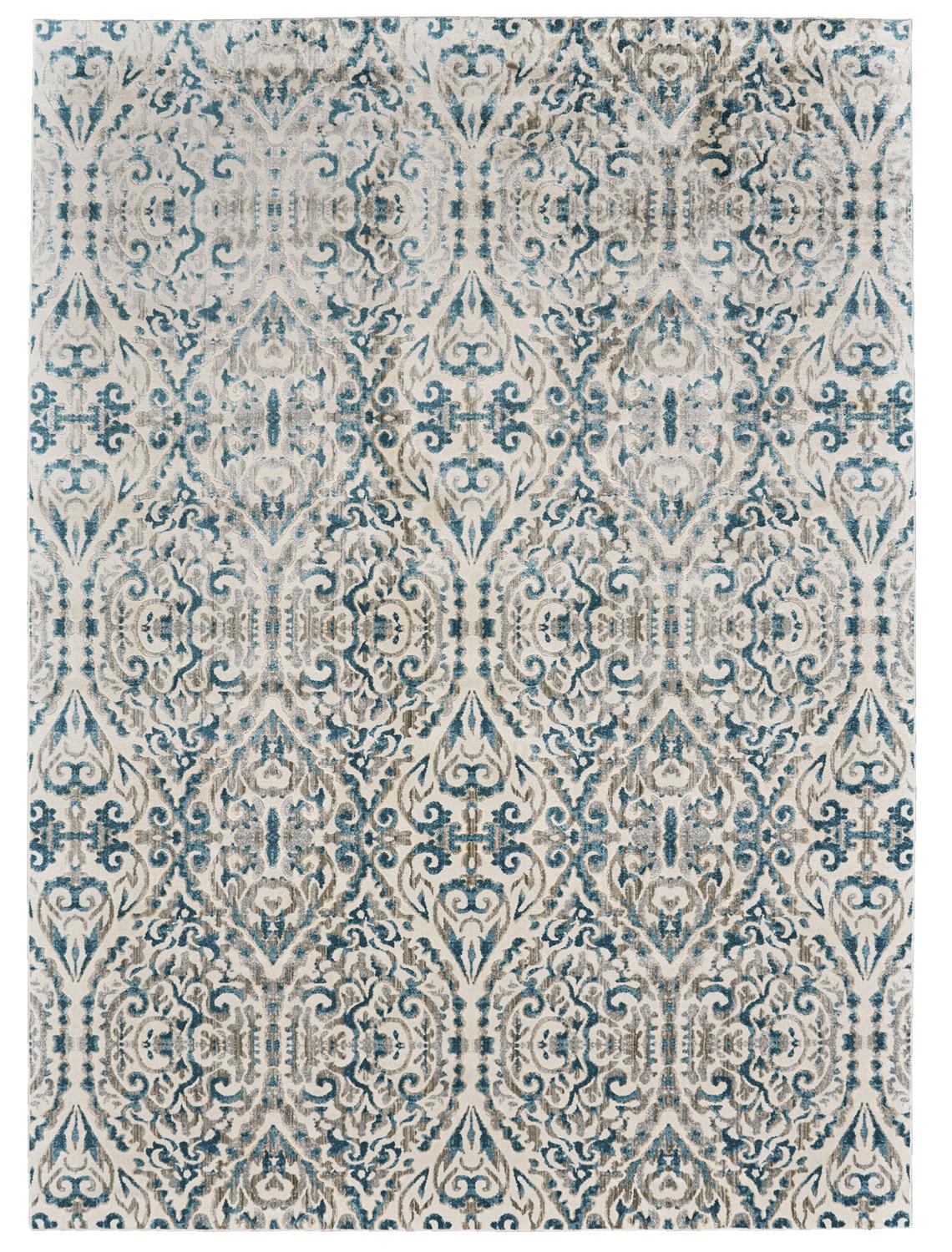 Ornate, but still muted large area rug with striking blue on natural background - Santa Clara Furniture Store What A Room