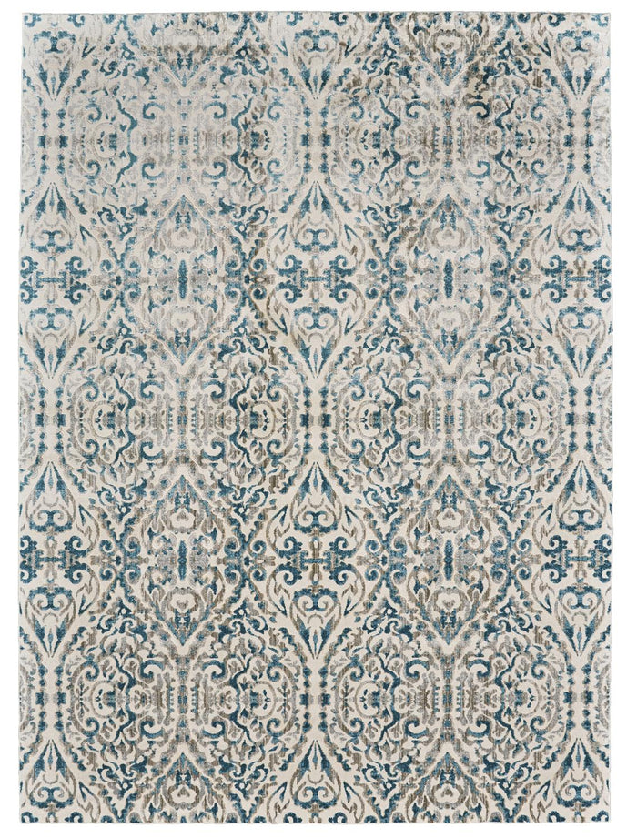 Ornate, but still muted large area rug with striking blue on natural background - Santa Clara Furniture Store What A Room