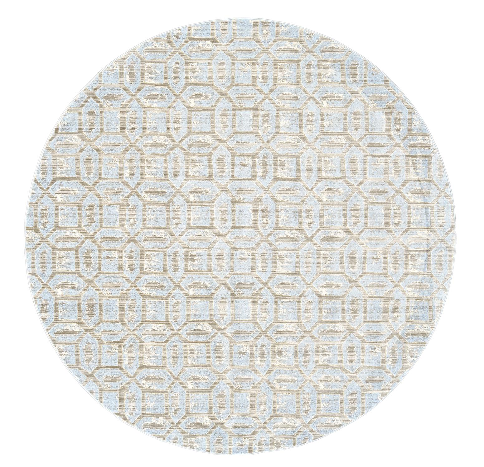 Large round rug with gold and blue geometric pattern - What A Room Serving Santa Clara, San Jose, Silicon Valley and The San Francisco Bay Area